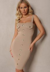 Beżowa Sukienka Prążkowana na Ramiączkach z Guzikami Pasinne. Brązowe sukienki damskie Renee, na co dzień, na lato, s, z aplikacjami, prążkowane, eleganckie, bez kołnierzyka, bez ramiączek, mini, dopasowane. Za 44.99 zł.