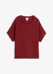 Lekki sweter ażurowy z domieszką lnu. Białe swetry damskie bonprix, w ażurowe wzory, bez kołnierzyka, bez ramiączek, bez kaptura. Za 59.99 zł.