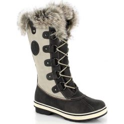 Kozaki zimowe "Sophia" w kolorze czarno-kremowym. Białe kozaki damskie Kimberfeel, z materiału, bez obcasa. W wyprzedaży za 329.95 zł.