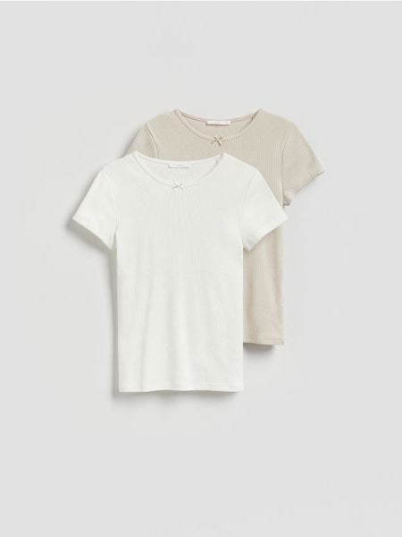 T-shirt z modalem 2 pack - kremowy. Białe t-shirty damskie Reserved, l, bez wzorów, z dzianiny, bez kołnierzyka. W wyprzedaży za 65.99 zł.