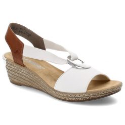 Białe Sandały Rieker Eleganckie Obuwie Damskie Na Koturnie. Białe klapki damskie Rieker, bez wzorów, z materiału, bez obcasa, na koturnie, bez zapięcia. Za 289.00 zł.