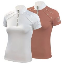 Koszulka polo do jazdy konnej z ozdobą lurex dla kobiet Tattini. Czerwone koszulki sportowe damskie TATTINI, l, z aplikacjami, z materiału, bez kołnierzyka, bez ramiączek, na fitness i siłownię. Za 328.50 zł.