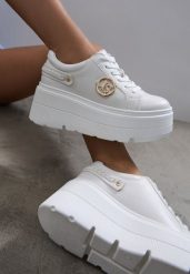 Białe Sneakersy Vices na Platformie Ozdobione Metaliczną Aplikacją Tatellia. Białe obuwie sportowe damskie Renee, z aplikacjami, z jeansu. Za 139.99 zł.