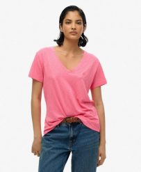 Superdry Damski T‑shirt z dekoltem V Slub z haftem – Azalea Pink. Czerwone t-shirty damskie Superdry., bez wzorów, z bawełny, eleganckie, bez kołnierzyka. Za 121.35 zł.