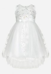 Biała Elegancka Sukienka z Wiązanym Paskiem i Motywem Róż z Tiulowym Dołem Adenie. Białe sukienki dla dziewczynek Born2be, z aplikacjami, z koronki, eleganckie, bez ramiączek. Za 34.99 zł.