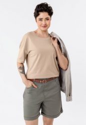 Gładki t-shirt, Comfort Fit, T-RODOS. Brązowe t-shirty damskie Volcano, l, z aplikacjami, z bawełny, bez kołnierzyka. Za 59.99 zł.