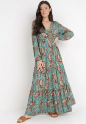 Ciemnozielona Sukienka Anastolea. Zielone sukienki damskie Born2be, l, z aplikacjami, boho, bez kołnierzyka, bez ramiączek, maxi, kopertowe. Za 119.99 zł.