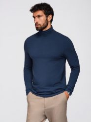 Męski longsleeve gładki z golfem - granatowy V2 OM-LSCL-0130 M. Niebieskie bluzki z długim rękawem męskie Ombre, m, bez wzorów, bez kołnierzyka. Za 149.99 zł.