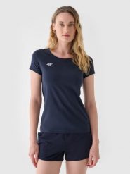 4F T-shirt slim gładki damski - granatowy XXL. Niebieskie koszulki sportowe damskie 4f, xs, bez wzorów, z bawełny, bez kołnierzyka, bez ramiączek. W wyprzedaży za 29.99 zł.