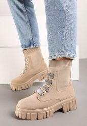 Ciemnobeżowe Botki na Tłoczonej Platformie z Elastyczną Cholewką i Cyrkoniowymi Sznurówkami Venthea. Brązowe botki damskie Renee, na zimę, z wełny, eleganckie, bez obcasa, na platformie, bez zapięcia. Za 134.99 zł.