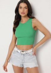 Zielony Krótki Tank Top z Prążkowanej Tkaniny Nevallia. Zielone bluzki damskie Born2be, s, bez wzorów, z jeansu, eleganckie, bez kołnierzyka, bez ramiączek. Za 14.99 zł.