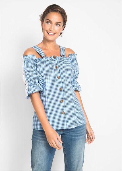 Bluzka w ludowym stylu, krótki rękaw. Niebieskie bluzki damskie bonprix, bez wzorów, z koronki, bez kołnierzyka, bez ramiączek. Za 142.99 zł.