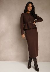 Brązowy Elegancki Komplet Garniturowy z Wiskozą Taliowana Marynarka i Spódnica Zaite. Brązowe spódnice damskie Renee, z aplikacjami, z wiskozy, eleganckie. Za 209.99 zł.