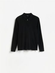 Koszulka polo slim w prążek - czarny. Czarne koszulki polo męskie Reserved, l, bez wzorów, z dzianiny, bez ramiączek. Za 99.99 zł.