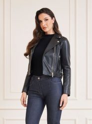 Marciano Guess Kurtka skórzana 4YGL17 7133A Czarny Regular Fit. Czarne kurtki damskie Marciano Guess, z aplikacjami, ze skóry, bez kaptura. Za 909.99 zł.