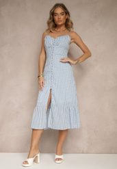 Niebieska Rozkloszowana Sukienka z Wiskozą na Cienkich Ramiączkach z Guzikami Efrisela. Niebieskie sukienki damskie Renee, na spacer, l, bez wzorów, z wiskozy, eleganckie, bez kołnierzyka, bez ramiączek, midi, rozkloszowane. Za 84.99 zł.