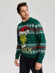 Sweter świąteczny z bawełną Grinch - zielony. Zielone swetry przez głowę męskie Sinsay, l, bez wzorów, z bawełny, bez kołnierzyka. Za 69.99 zł.