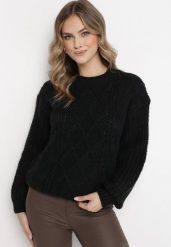 Czarny Sweter z Ozdobnym Splotem Pogaria. Czarne swetry damskie Born2be, m, bez wzorów, z jeansu, eleganckie, bez kołnierzyka, bez ramiączek, bez kaptura. Za 74.99 zł.