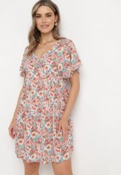Różowo-Beżowa Rozkloszowana Sukienka z Krótkim Rękawem Wykonana z Wiskozy i Wiązaniem na Plecach Vatella. Czerwone sukienki damskie Born2be, na co dzień, l, bez wzorów, z materiału, eleganckie, bez kołnierzyka, bez ramiączek, mini, proste. Za 79.99 zł.