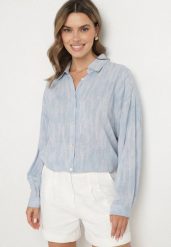 Niebieska Koszula z Lnu i Wiskozy we Wzór Tie-Dye Rediana. Niebieskie bluzki damskie Born2be, uniwersalny, bez wzorów, z jeansu, eleganckie, bez kołnierzyka, bez ramiączek. Za 84.99 zł.