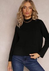 Czarny Golf o Luźnym Fasonie ze Ściągaczami i Długim Rękawem Velenia. Czarne swetry damskie Renee, m, bez wzorów, bez kołnierzyka, bez ramiączek, długie, bez kaptura. Za 84.99 zł.