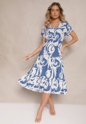 Niebieska Bawełniana Sukienka z Abstrakcyjnym Motywem i Guzikami Talivea. Niebieskie sukienki damskie Renee, na co dzień, na lato, l, bez wzorów, z bawełny, eleganckie, bez kołnierzyka, bez ramiączek, midi, proste. Za 39.99 zł.