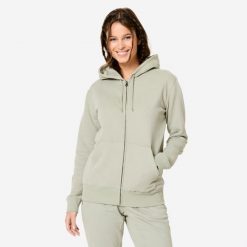 Bluza na zamek damska Domyos Gym & Pilates. Zielone bluzy sportowe damskie NYAMBA, m, bez wzorów, z bawełny, bez kaptura, na fitness i siłownię. Za 119.99 zł.