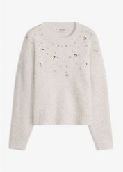 Sweter z aplikacją i domieszką wełny. Szare swetry damskie bonprix, z aplikacjami, z wełny, bez kołnierzyka, bez ramiączek, długie, bez kaptura. Za 159.99 zł.
