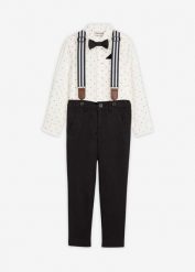 Koszula, spodnie ze stretchem, szelki i mucha (4 części). Białe spodnie materiałowe dla chłopców bonprix, bez wzorów. Za 189.99 zł.