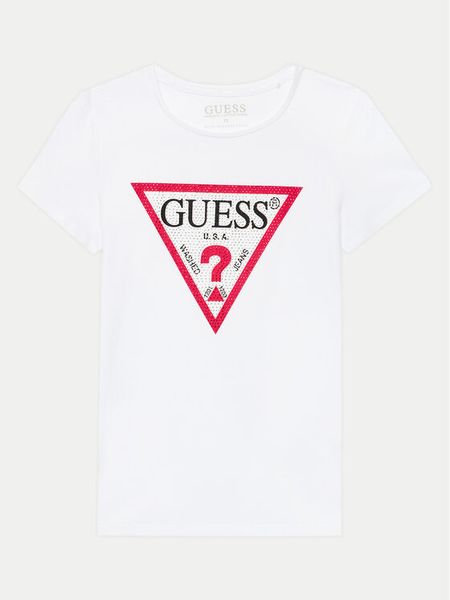 Guess T-Shirt J2YI51 K6YW1 Biały Regular Fit. Białe t-shirty i topy dla dziewczynek Guess, z aplikacjami, z bawełny, bez ramiączek. Za 59.99 zł.