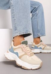 Beżowo-Niebieskie Sneakersy na Grubej Podeszwie z Geometrycznym Wzorem Mevanira. Brązowe obuwie sportowe damskie Born2be, bez wzorów, z jeansu. Za 59.99 zł.