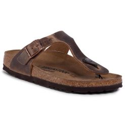 Japonki Birkenstock. Brązowe klapki damskie Birkenstock, bez wzorów, bez obcasa. Za 389.99 zł.