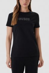 GUESS Czarny damski t-shirt na krótki rękaw z cyrkoniami Briana, Rozmiar S. Czarne t-shirty damskie Guess, s, z aplikacjami, eleganckie, bez kołnierzyka. Za 189.99 zł.