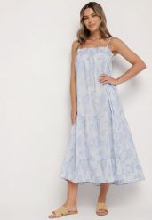 Niebieska Rozkloszowana Sukienka z Bawełny Ozdobiona Kwiatami Merialea. Niebieskie sukienki damskie Born2be, na co dzień, na lato, l, bez wzorów, z bawełny, eleganckie, bez kołnierzyka, bez ramiączek, proste. Za 179.99 zł.