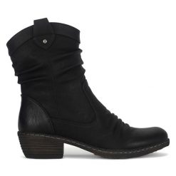 Kowbojki Rieker. Czarne botki damskie Rieker, bez obcasa, na słupku, bez zapięcia. Za 379.99 zł.