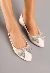 Beżowe Balerinki z Kokardą i Cyrkoniami Marintis. Brązowe baleriny damskie Renee, bez wzorów, z jeansu, eleganckie, bez obcasa. Za 49.99 zł.
