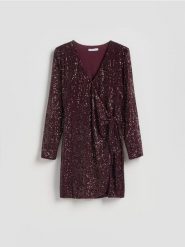 Cekinowa sukienka mini - mahoniowy. Brązowe sukienki damskie Reserved, na co dzień, l, bez wzorów, z tkaniny, bez kołnierzyka, bez ramiączek, mini, proste. Za 139.99 zł.