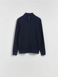 Rozpinany sweter ze stójką - granatowy. Niebieskie kardigany męskie Reserved, l, bez wzorów, z bawełny. Za 159.99 zł.