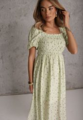 Zielona Rozkloszowana Sukienka z Tencelu w Stylu Baby Doll w Kwiatowy Print Harele. Zielone sukienki dla dziewczynek Renee, na lato, bez wzorów, bez ramiączek, krótkie. Za 119.99 zł.