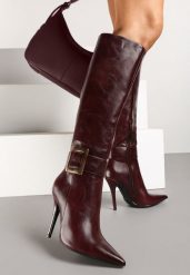 Bordowe Kozaki na Szpilce z Metaliczną Klamrą Evelinna. Czerwone kozaki damskie Renee, bez obcasa, na obcasie. Za 199.99 zł.