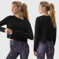 LONGSLEEVE DAMSKI 4F CROP-TOP DO JOG BLUZA Z DODATKIEM MODALU KOLOR CZARNY. Czarne bluzy damskie 4f, l, bez wzorów, z materiału, bez kaptura. Za 79.99 zł.