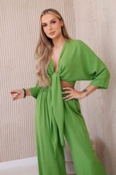 Komplet z wiskozy bluzka wiązana u dołu + spodnie kiwi. Bluzki damskie KESI, l, bez wzorów, z dresówki, eleganckie, bez kołnierzyka, plus size, bez ramiączek. Za 217.48 zł.