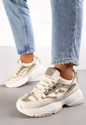 Beżowe Sneakersy Ozdobione Sznureczkiem z Cyrkoniami Nathanias. Brązowe obuwie sportowe damskie Renee, z aplikacjami, z jeansu. Za 119.99 zł.