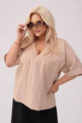 Kimonowa lniana bluzka Ines w kolorze nude PLUS SIZE OVERSIZE XXL. Bluzki damskie Moda Size Plus Iwanek, l, bez wzorów, ze lnu, eleganckie, bez kołnierzyka, plus size, bez ramiączek. Za 239.90 zł.
