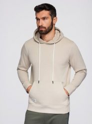 Męska bluza dresowa BASIC kangurka z kapturem - jasnobeżowa V1 B1674 L. Brązowe bluzy męskie Ombre, l, bez wzorów, z dresówki, z kapturem. Za 236.00 zł.