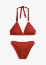 Bikini z ramiączkami wiązanymi na szyi, z ozdobnym kółkiem (2 części). Brązowe bikini damskie bonprix, bez wzorów. Za 89.99 zł.