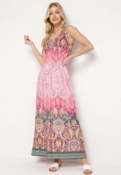 Jasnoróżowa Sukienka Boho na Lato ze Sznurkami na Ramionach i Gumką w Talii Aharleta. Czerwone sukienki damskie Born2be, na lato, m, bez wzorów, boho, bez kołnierzyka, bez ramiączek, maxi. Za 44.99 zł.