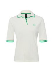 Marc Cain koszulka polo Kobiety Sztuczne włókno biały, 36. Białe koszulki sportowe damskie Marc Cain, z aplikacjami, prążkowane, bez kołnierzyka, bez ramiączek. Za 649.95 zł.