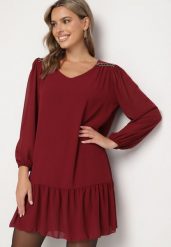 Bordowa Sukienka z Wiskozą o Prostym Kroju z Bufiastymi Rękawami i Falbanką u Dołu Ilila. Czerwone sukienki damskie Born2be, na co dzień, m, bez wzorów, z jeansu, eleganckie, bez kołnierzyka, bez ramiączek, proste. Za 44.99 zł.