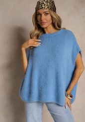 Niebieski Sweter z Bawełną w Stylu Nietoperza Nilariella. Niebieskie swetry damskie Renee, bez wzorów, z bawełny, biznesowe, bez kołnierzyka, bez ramiączek, bez kaptura. Za 139.99 zł.